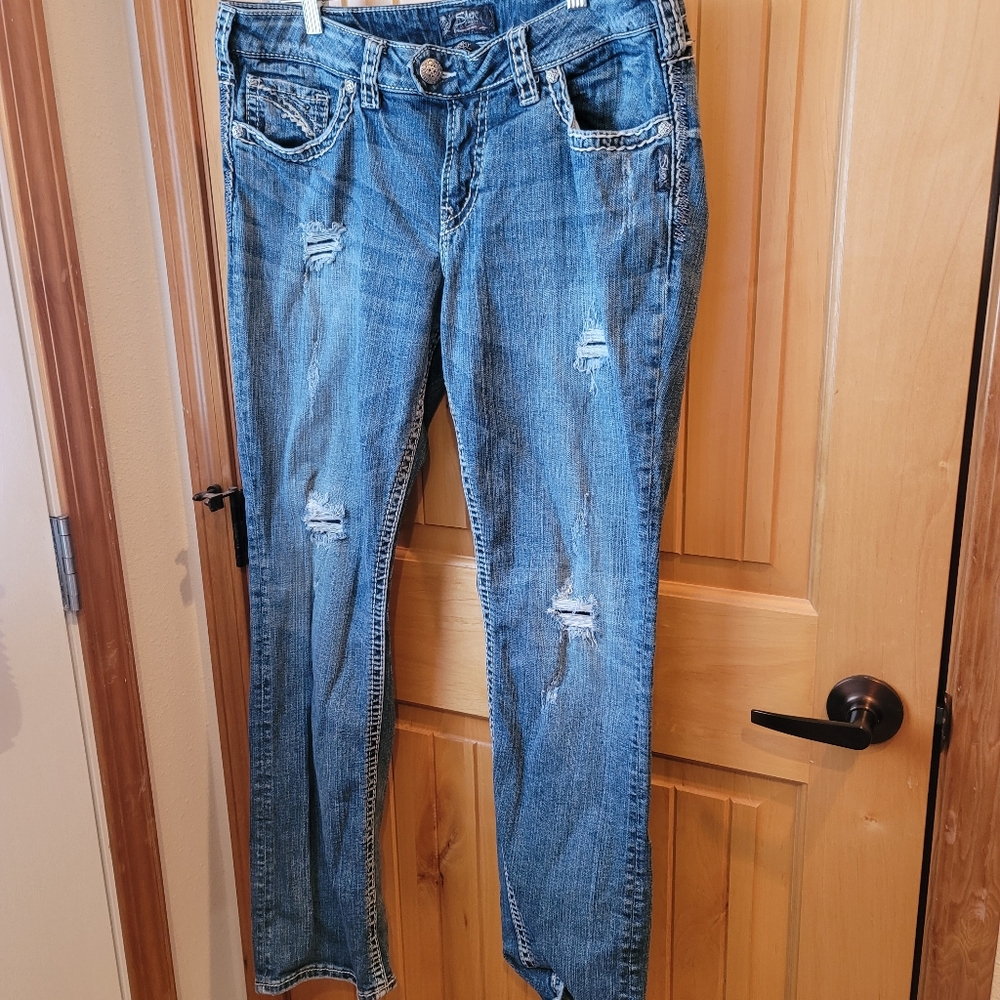 Silver Jeans Women's Boot Cut Distressed Blue Denim